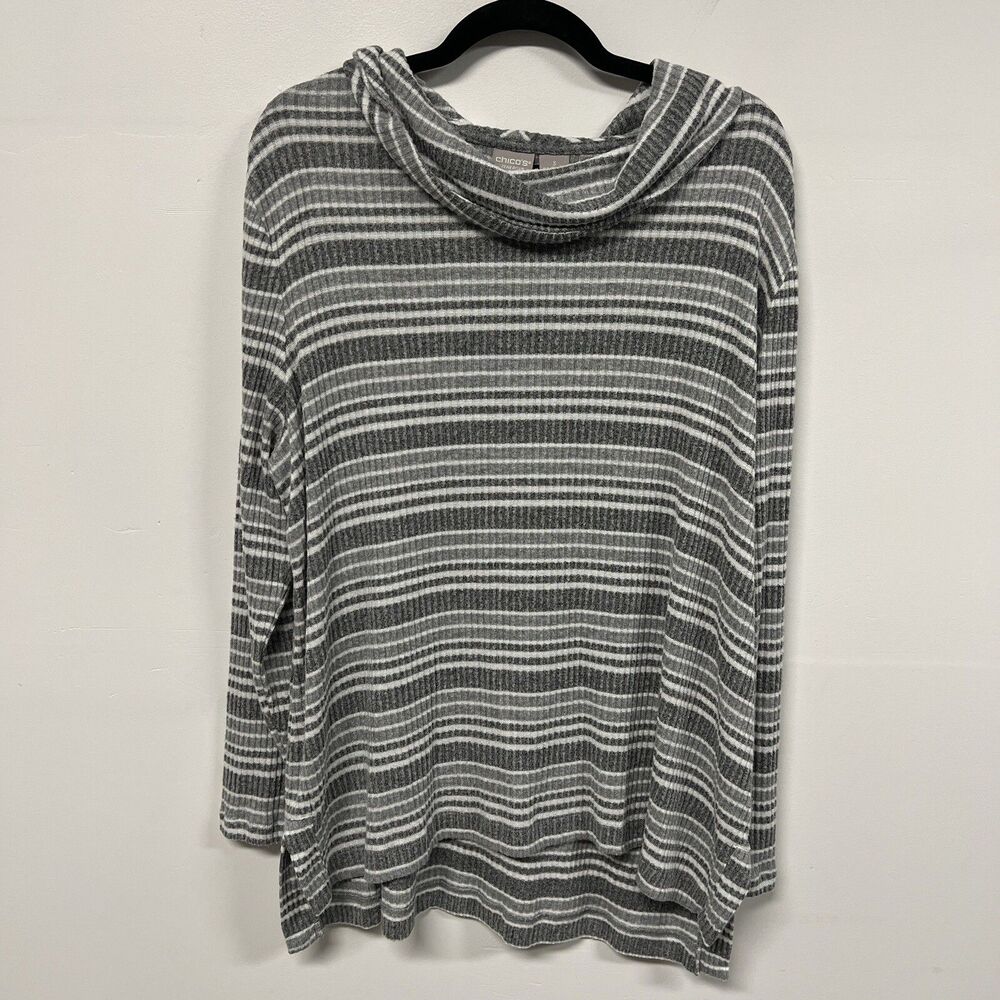 Chico’s Zenergy Cowl Neck Sweater Women’s 3 XL 16/18 Gray White Striped Ribbed